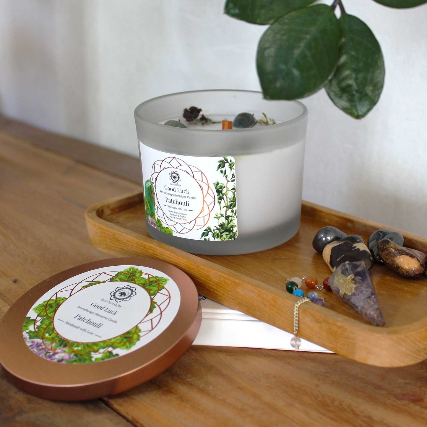 Vela de Pachulí y Piedra preciosa Aventurina Verde - Buena Suerte