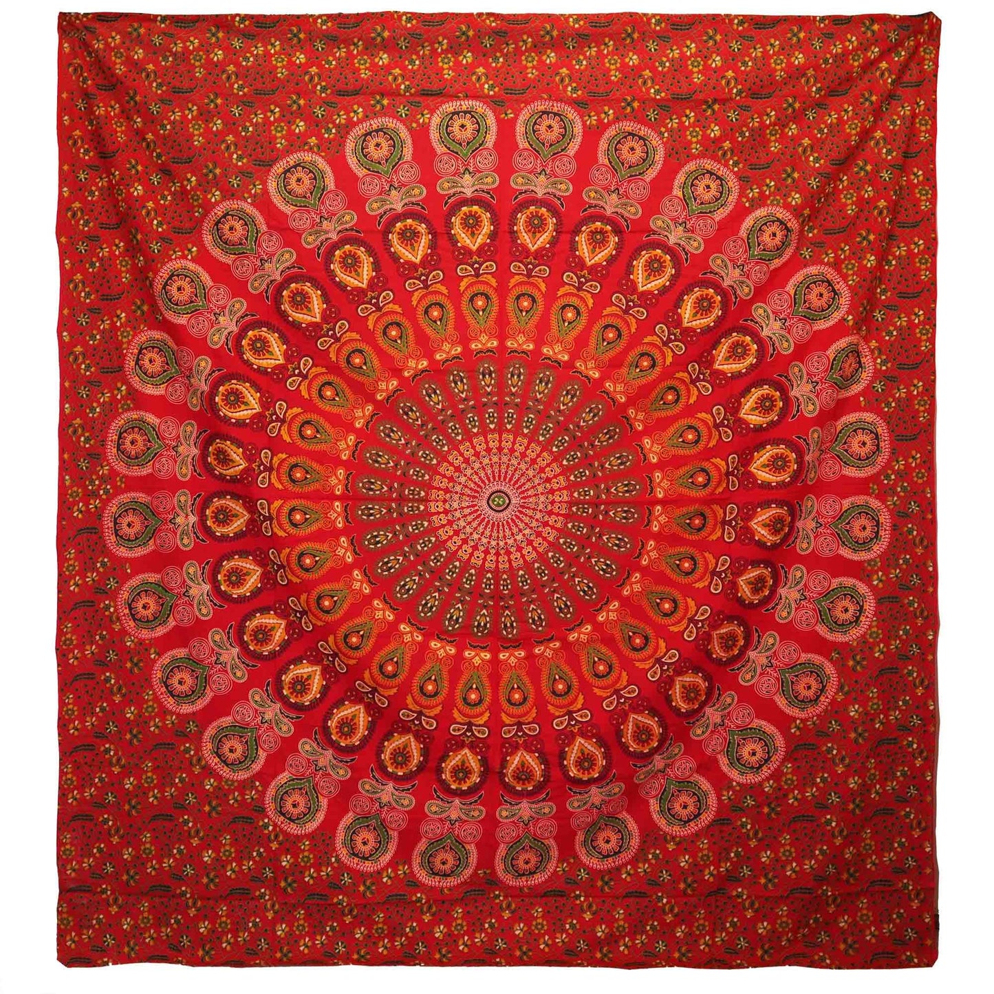 Colcha Doble de Algodón + Colgante de Pared - Pavo Real Mandala - Rojo