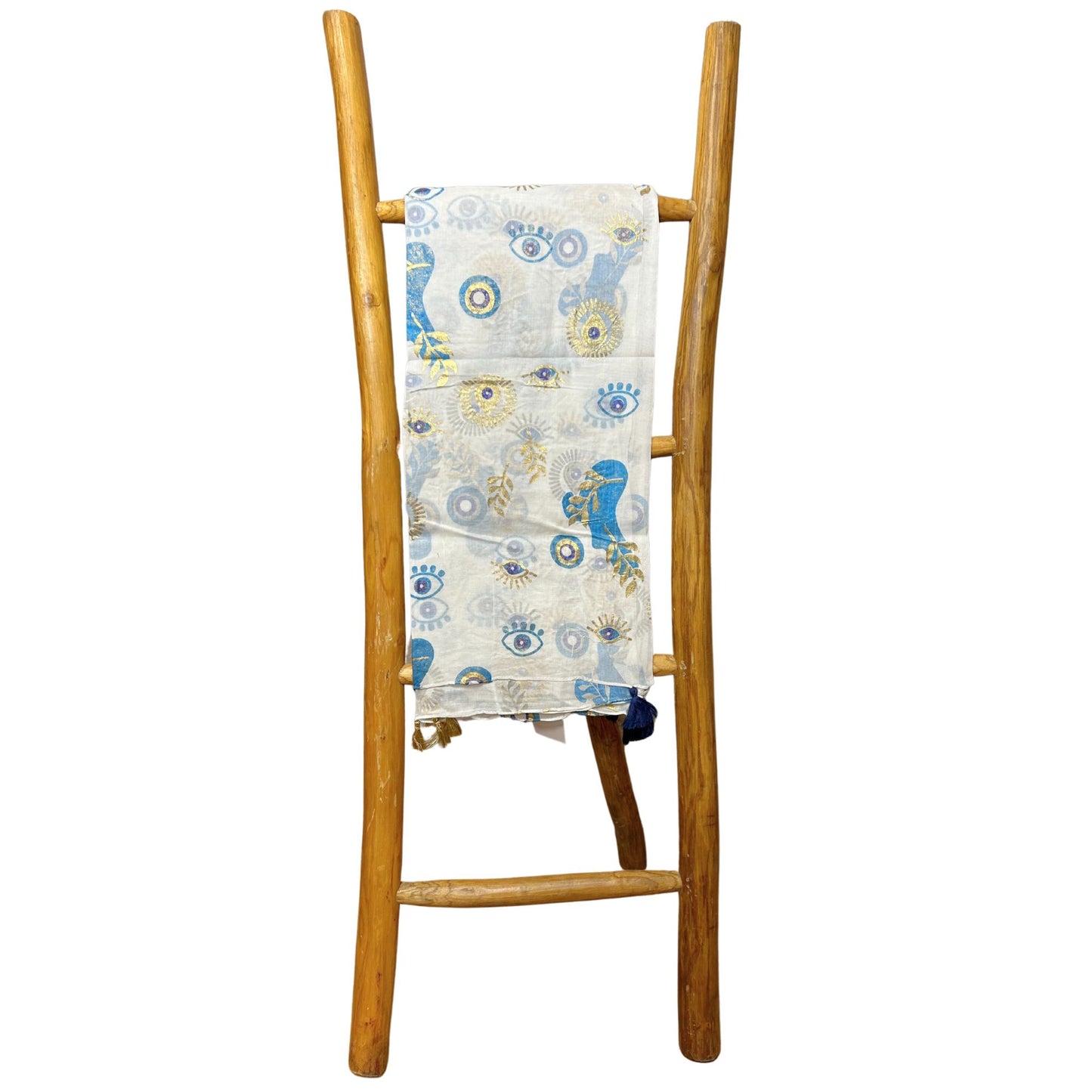 Colección Nómada Sari Mediterráneo - Pareo - Diseño del Ojo Maligno en Blanco, Azul y Oro 