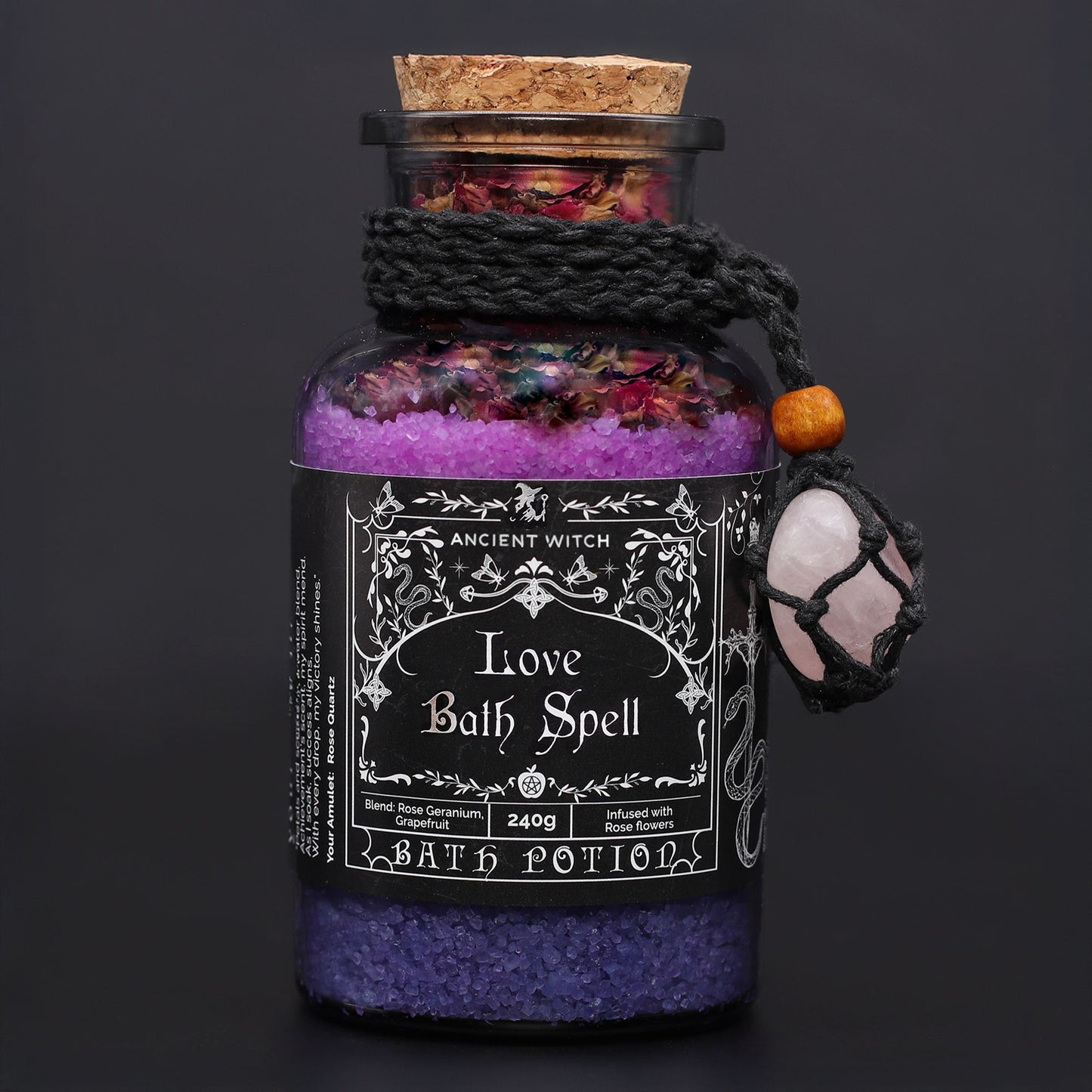 Antiguo hechizo de baño de bruja, poción y amuleto de cristal de cuarzo rosa - Amor