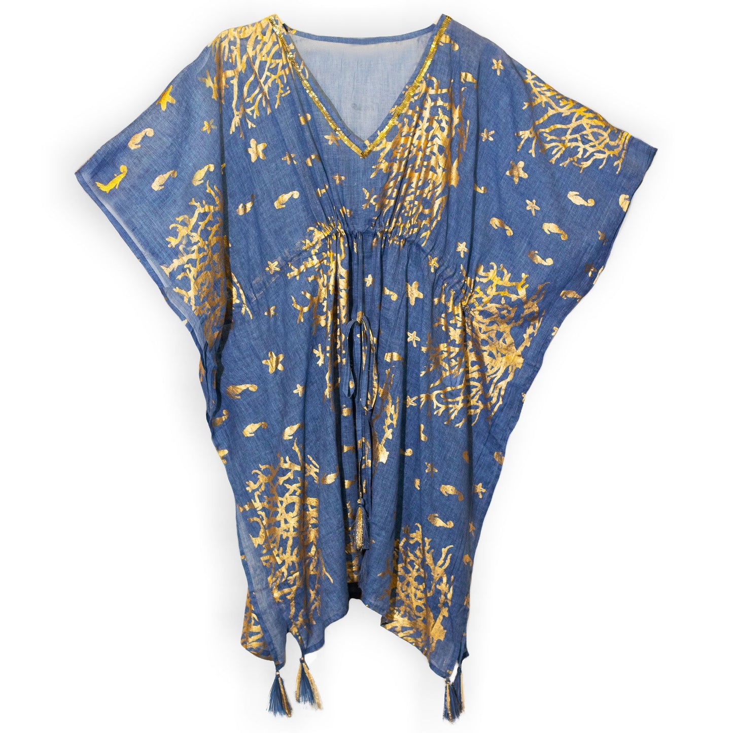 Colección Nómada Sari Mediterráneo - Kaftan - Diseño de Coral en Azul Marino y Oro 