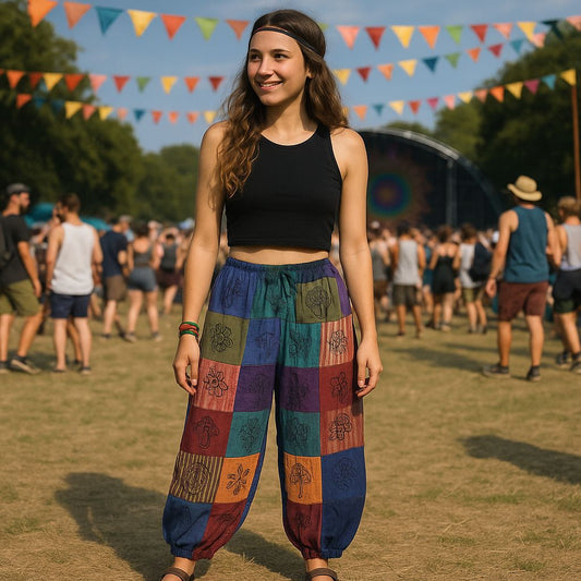 Sari Nómada - Pantalón Hongo - Diseños con Estampado en Bloque - Tonos Morados (105x127cm) S/M