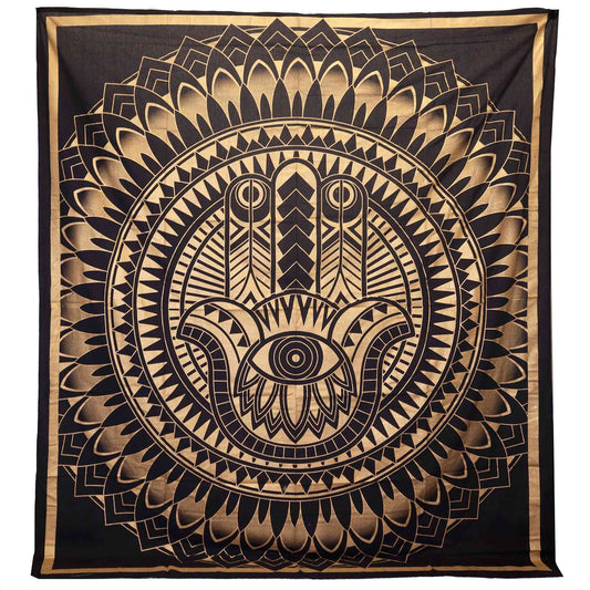 Colcha Doble de Algodón + Colgante de Pared - Hamsa - Negro Oro