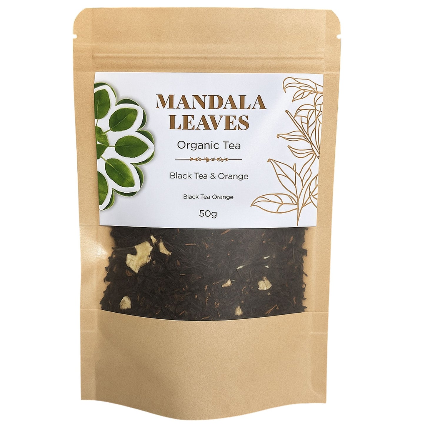 Tea package with 'Mandala Leaves' branding on a white background