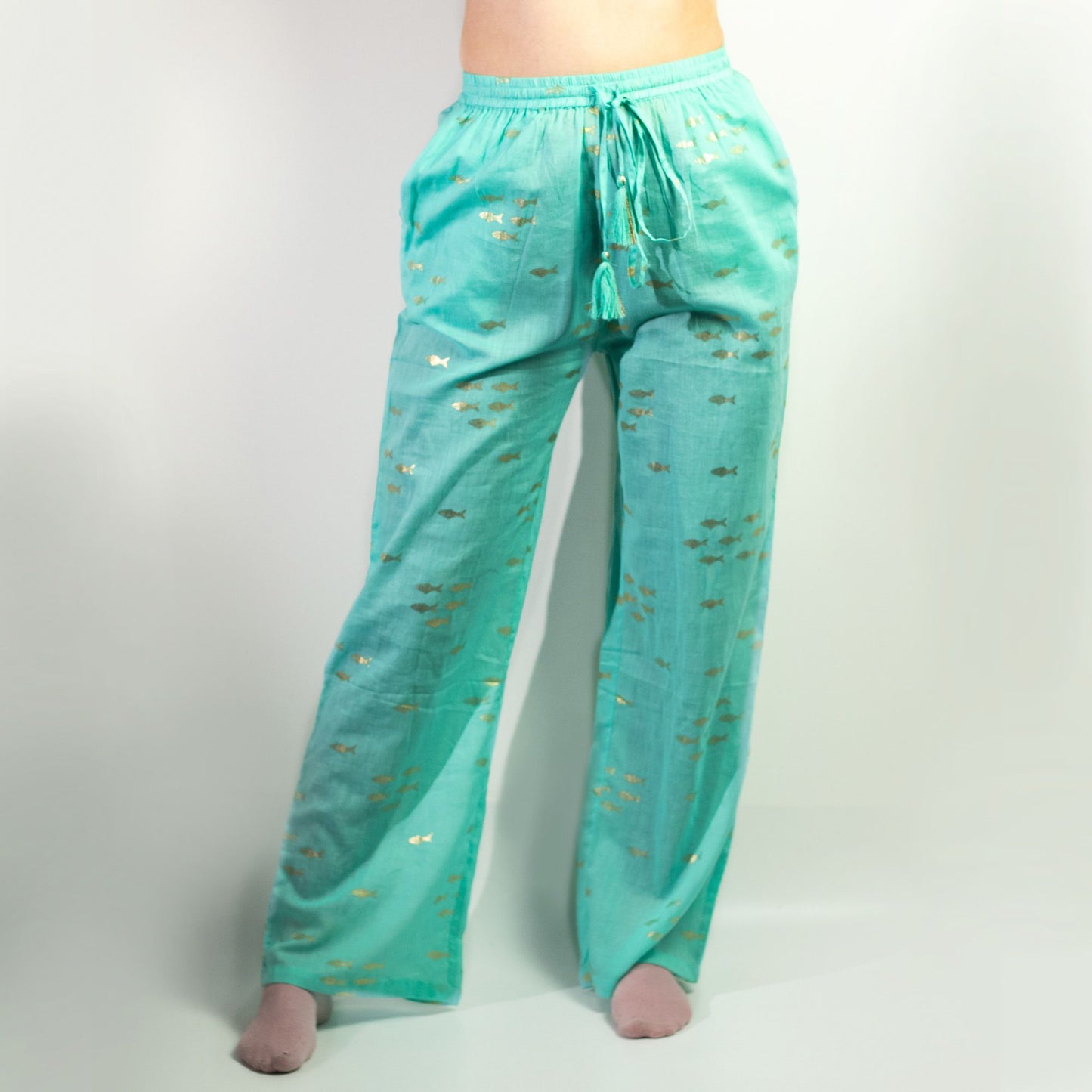 (ML) Colección Nómada Sari Mediterráneo - Pantalones - Diseño de Peces en Turquesa y Oro