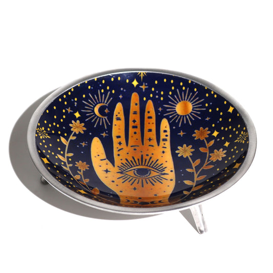 Plato de ofrenda esmaltado de tres patas - Hamsa azul medianoche