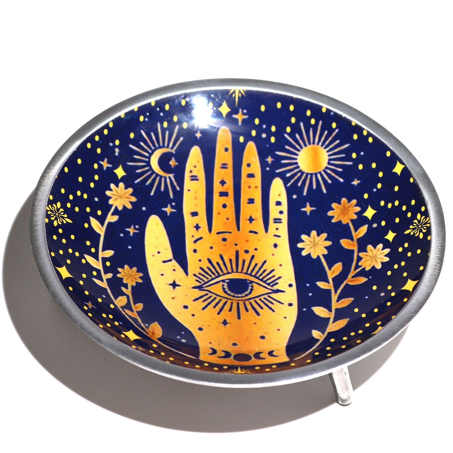 Plato de ofrenda esmaltado de tres patas - Hamsa azul medianoche