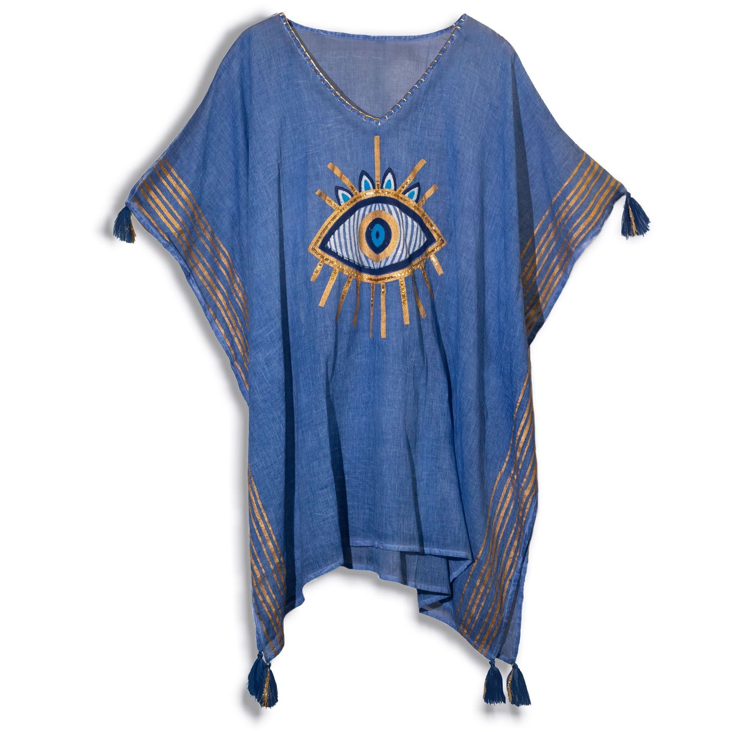 Colección Nómada Sari Mediterráneo - Kaftan - Diseño del Ojo Maligno en Azul Rico y Oro