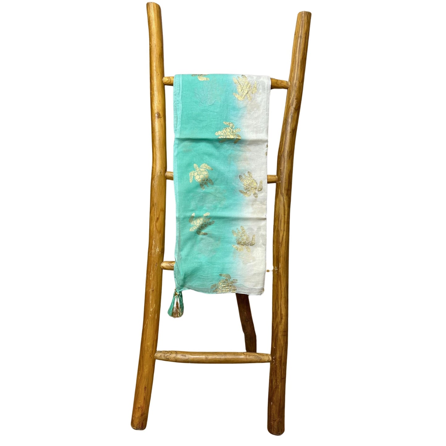 Colección Nómada Sari Mediterráneo - Pareo - Diseño de Tortuga en Blanco, Turquesa y Oro 