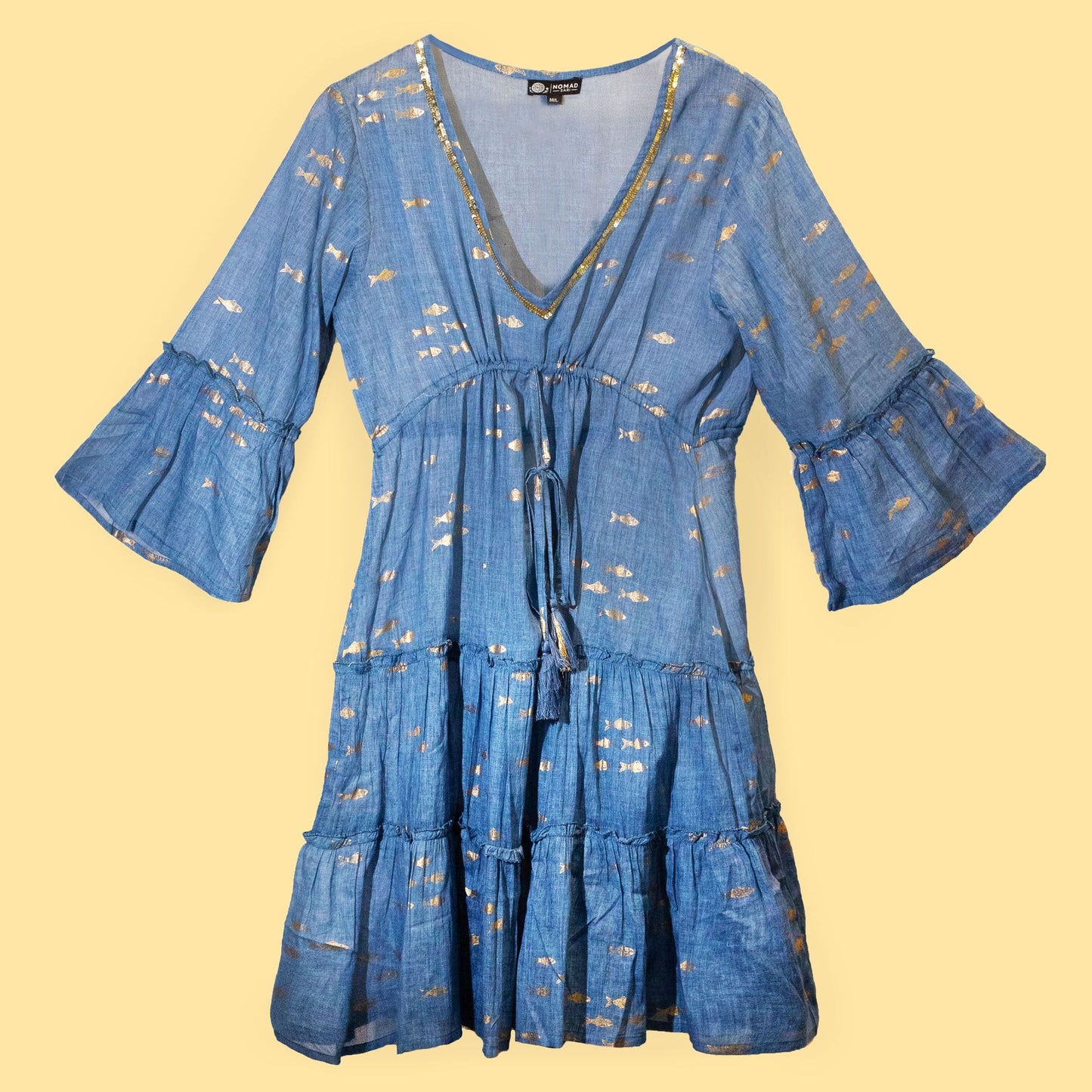 (ML) Colección Nomad Sari - Vestido - Diseño de pez azul marino y dorado