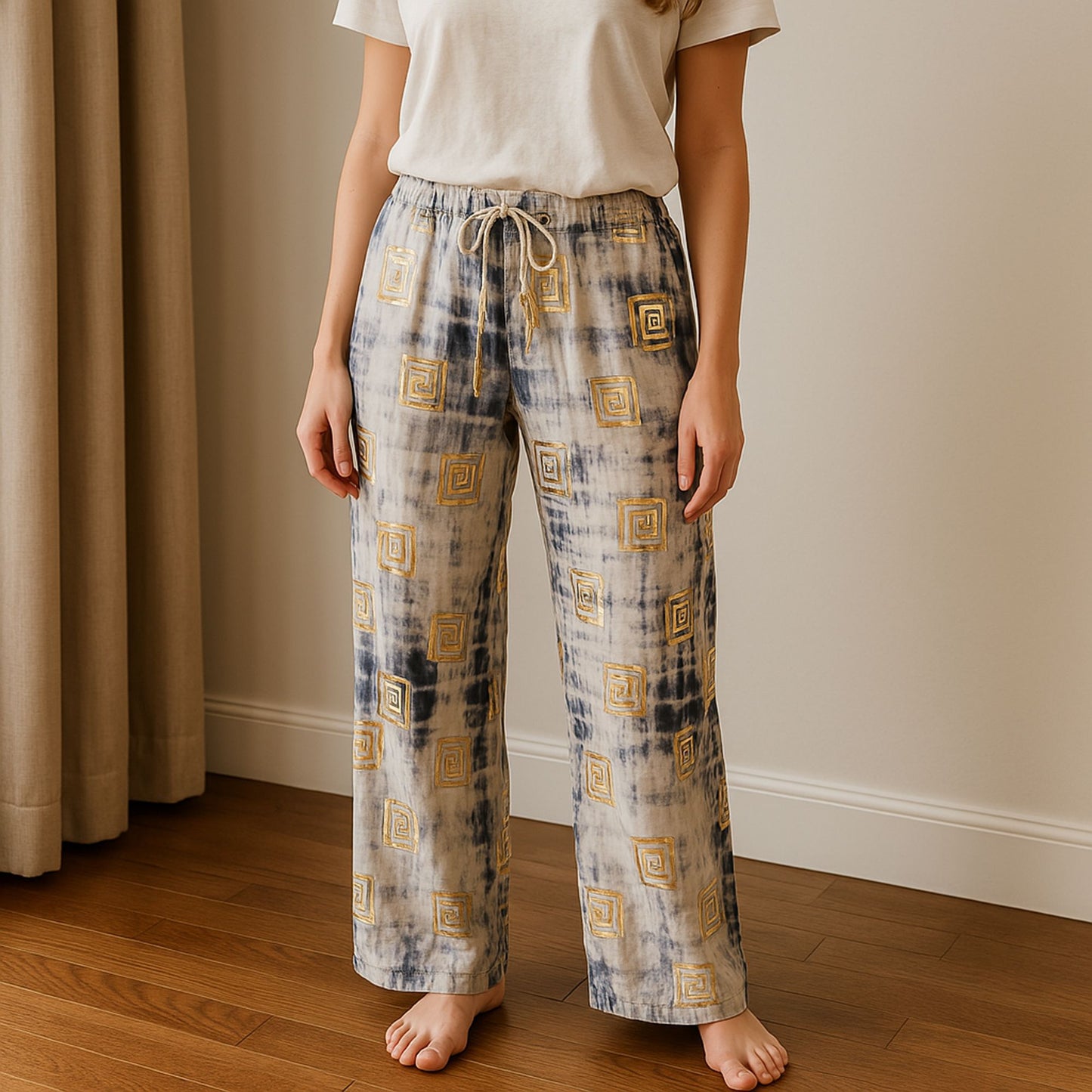 (ML) Colección Nómada Sari Mediterráneo - Pantalones - Motivo Griego en Oro y Azul
