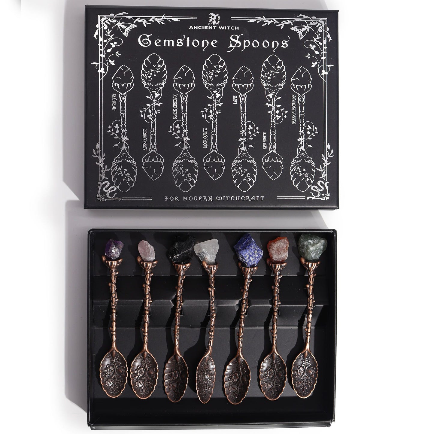 Set de 7 Cucharas de Bruja de Cristal con Piedra Preciosa de Bronce