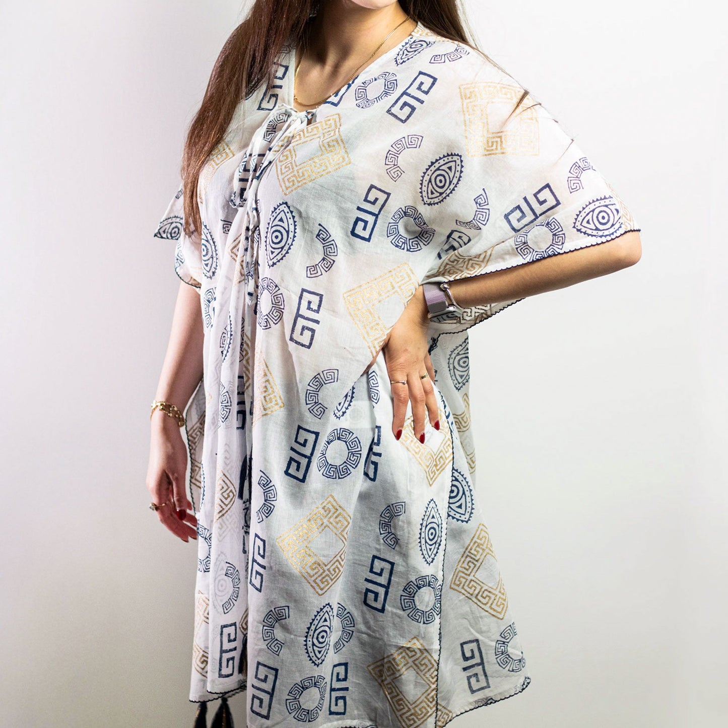 Colección Nómada Sari Mediterráneo - Kaftan - Motivo Griego en Oro y Azul - Pintado a Mano 