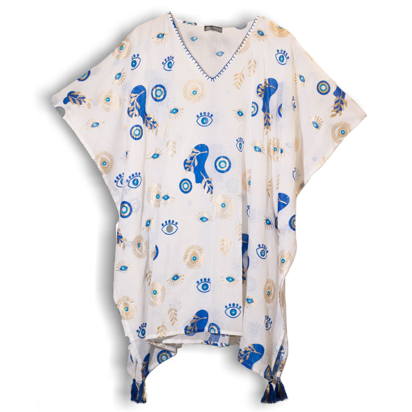 Colección Nómada Sari Mediterráneo - Kaftan - Diseño del Ojo Maligno en Blanco, Azul y Oro