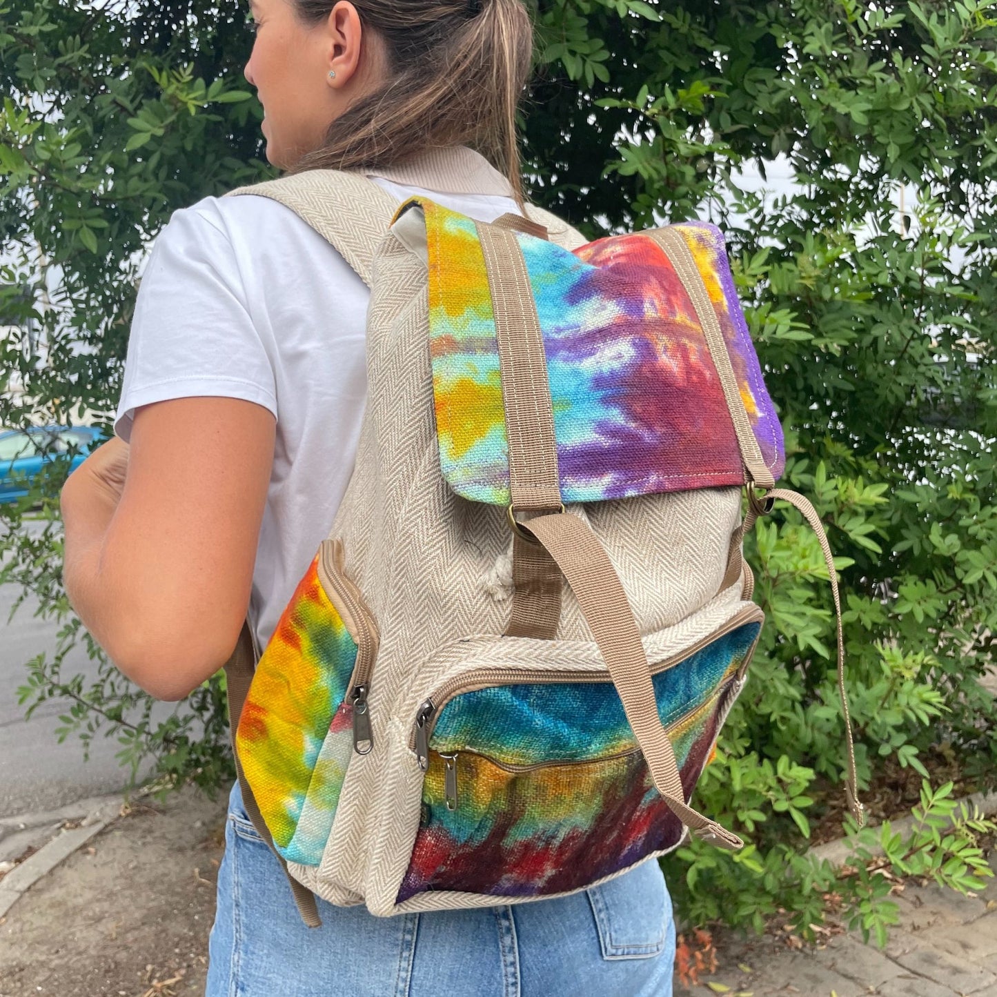 Mochila cuadrada grande de cáñamo Tiedye