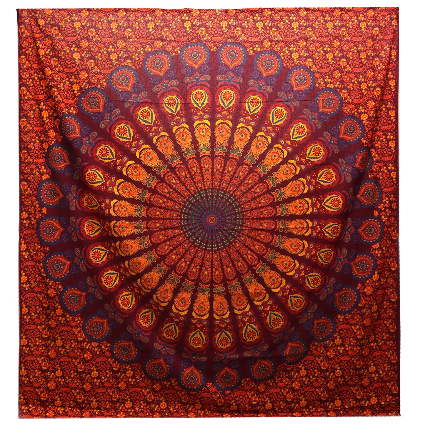 Colcha Doble de Algodón + Colgante de Pared - Mandala Pavo Real - Granate